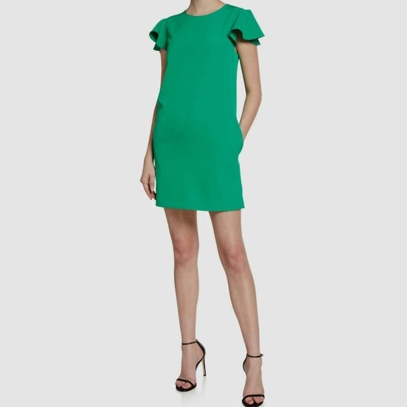 MILLY Women's 6 Solid Green Short Ruffle Sleeve Mini Shift Dress Pockets CLEAN2 - Picture 2 of 14